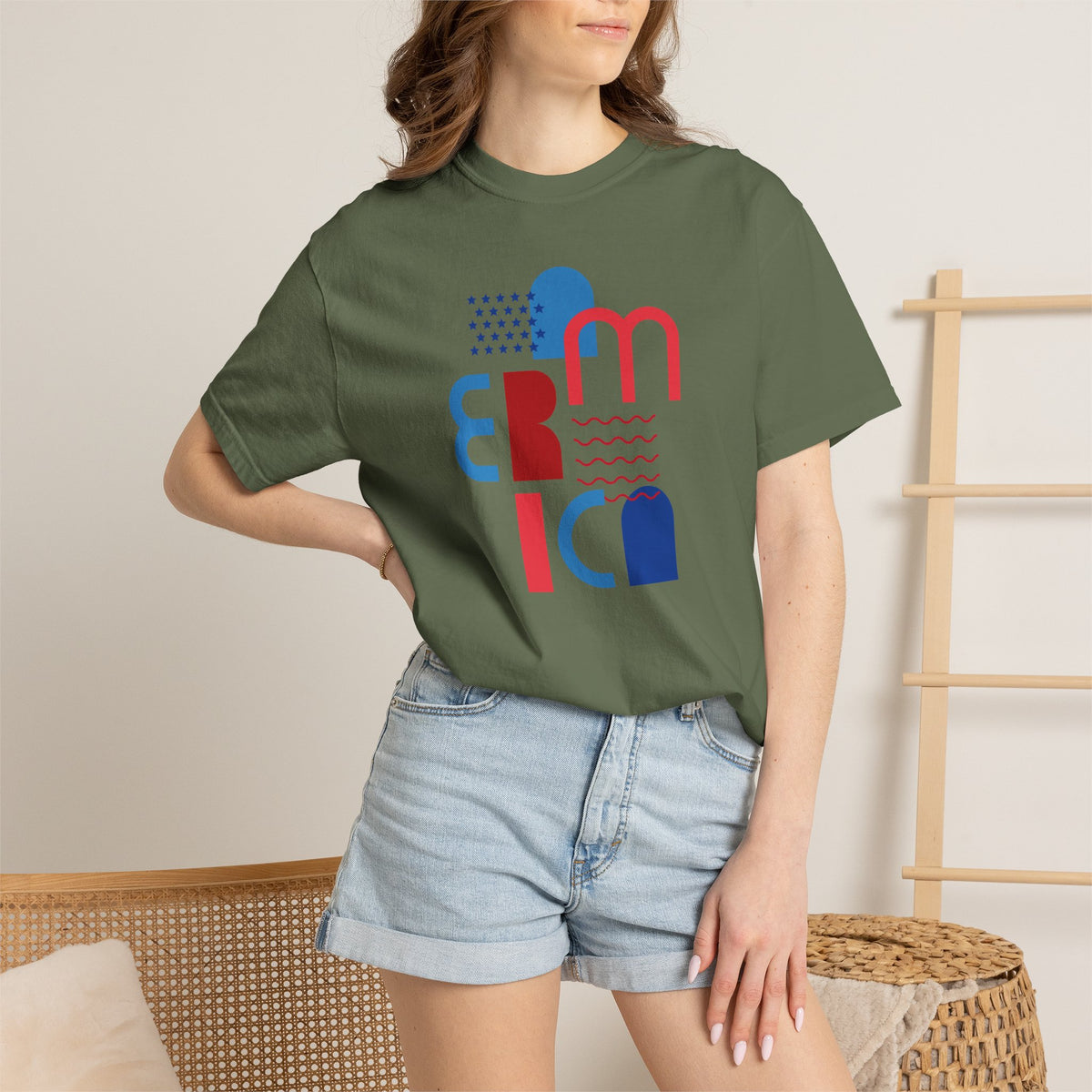 T-Shirt — Abstract 'America' Graphic Tee (Red & Blue Geometric Design)