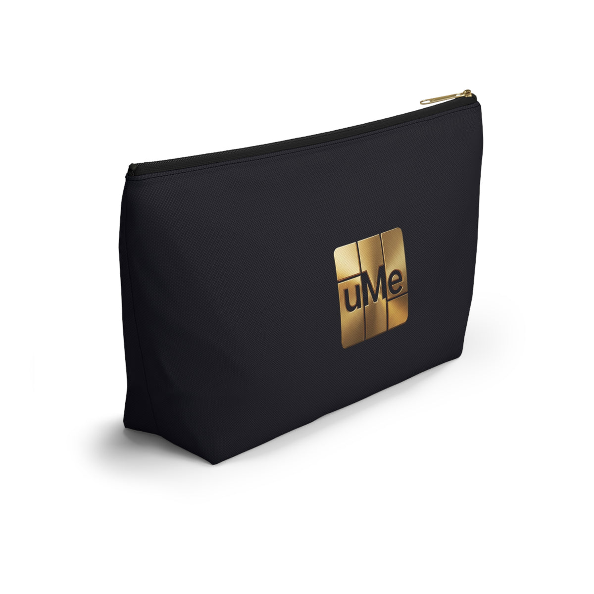 Gold uMe Logo Accessory Pouch — Black T‑Bottom Makeup & Travel Organizer