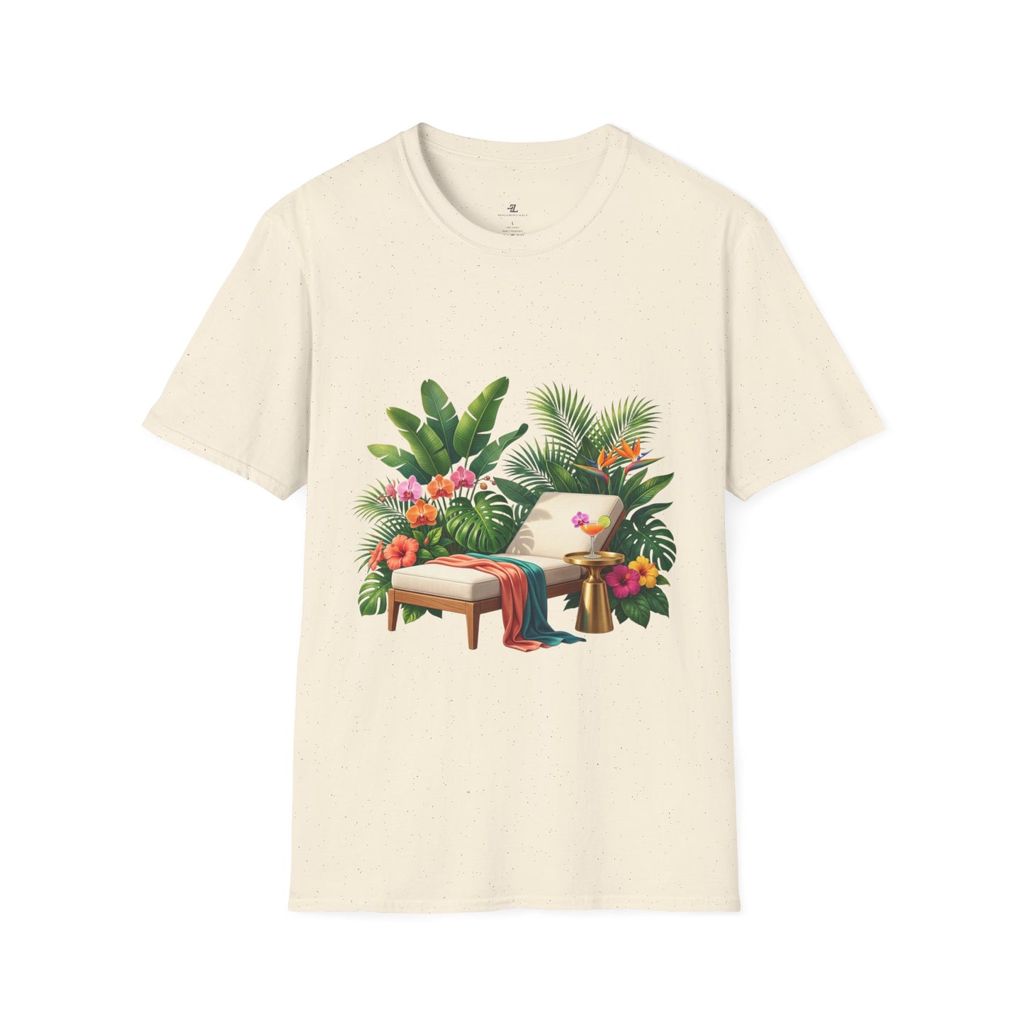Tropical Lounge T-Shirt — Cozy Chair & Palm Floral Graphic Tee