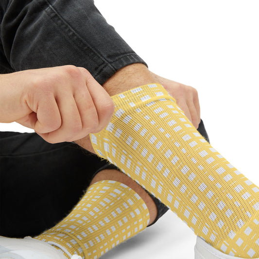 Yellow Plaid Sublimation Socks — Checkered Pattern Crew Socks