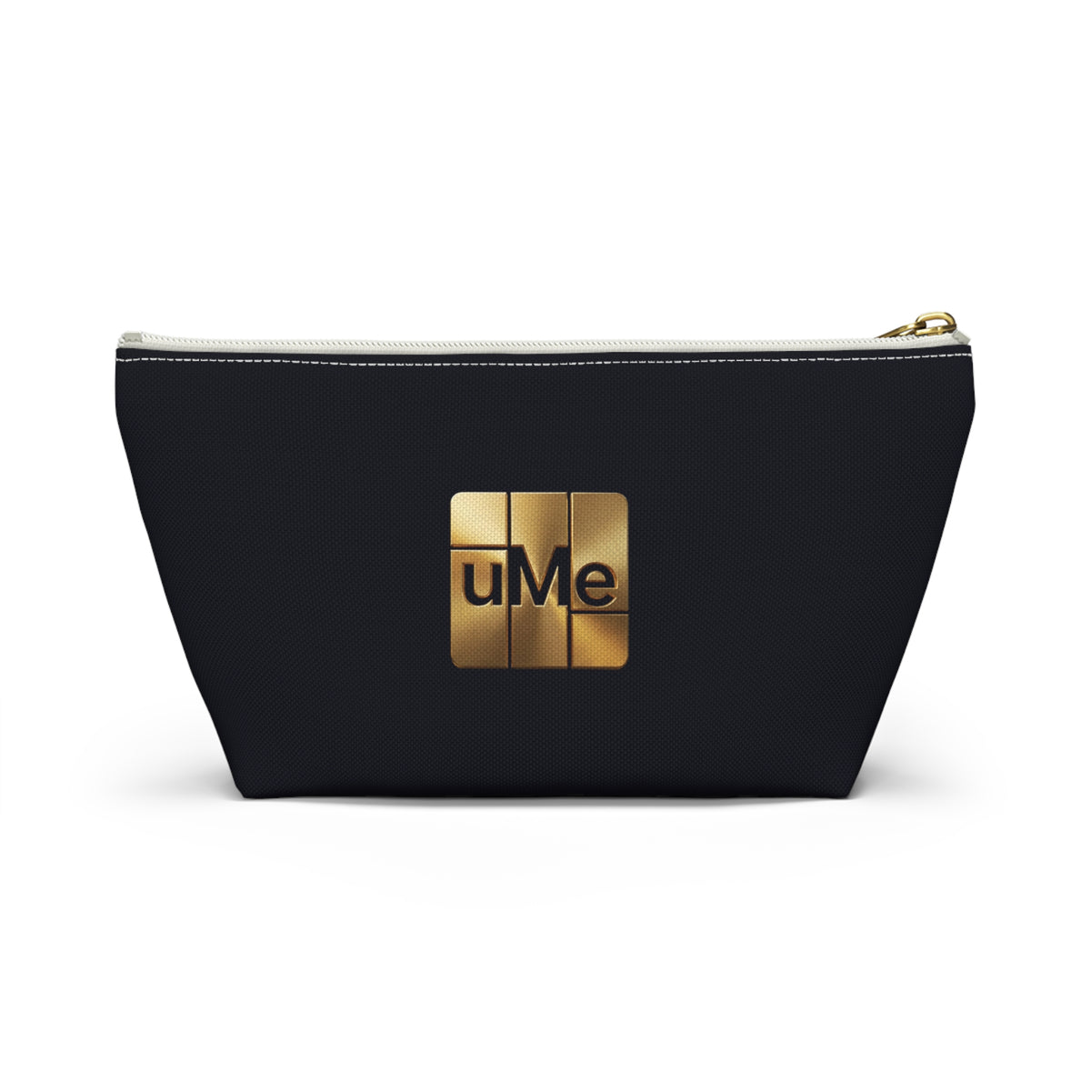 Gold uMe Logo Accessory Pouch — Black T‑Bottom Makeup & Travel Organizer