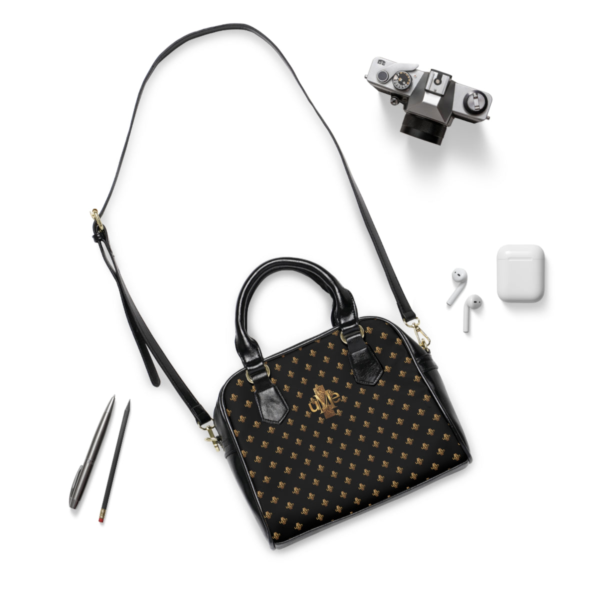 Black Shoulder Handbag — Faux Leather Tote with Gold uMe Cross Logo