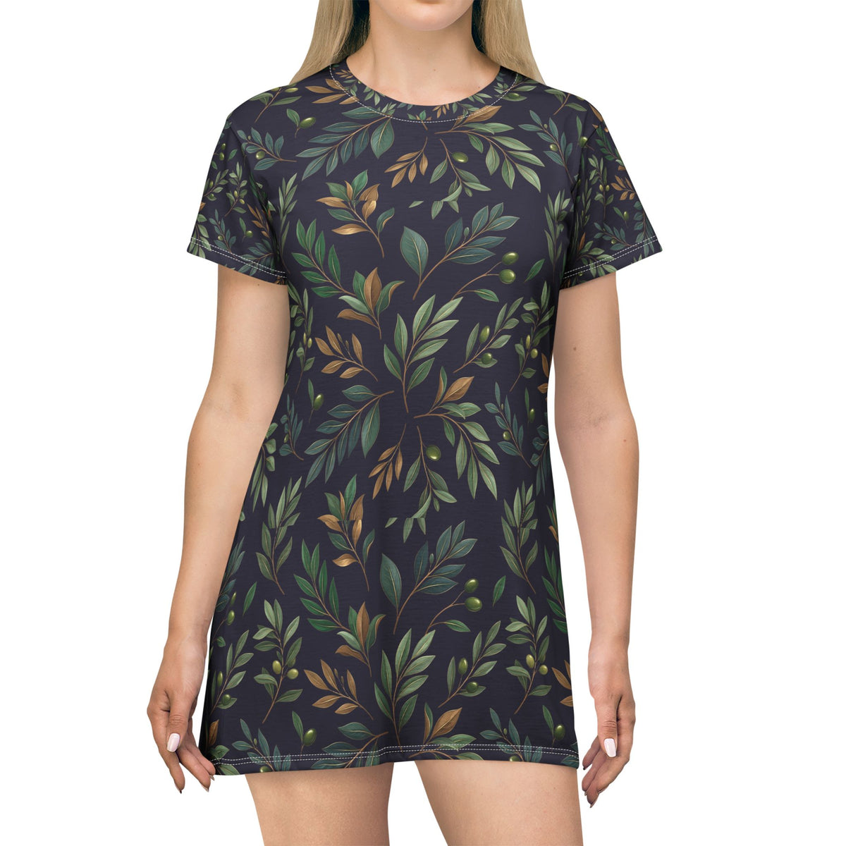 Botanical Vine T-Shirt Dress — Green & Earthy All-Over Print