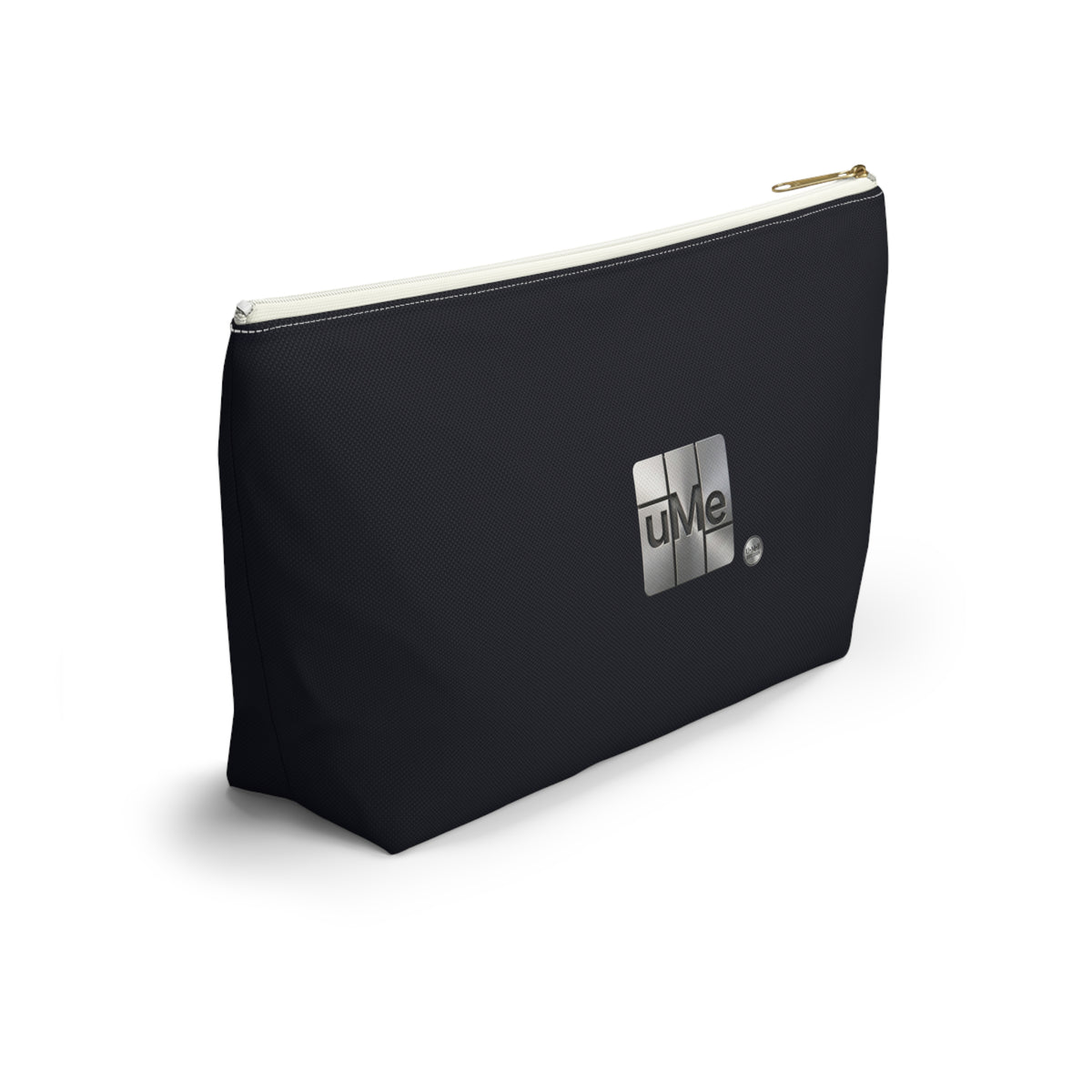 Accessory Pouch — Sleek Black T‑Bottom Cosmetic & Tech Organizer with Metallic 'uMe' Logo