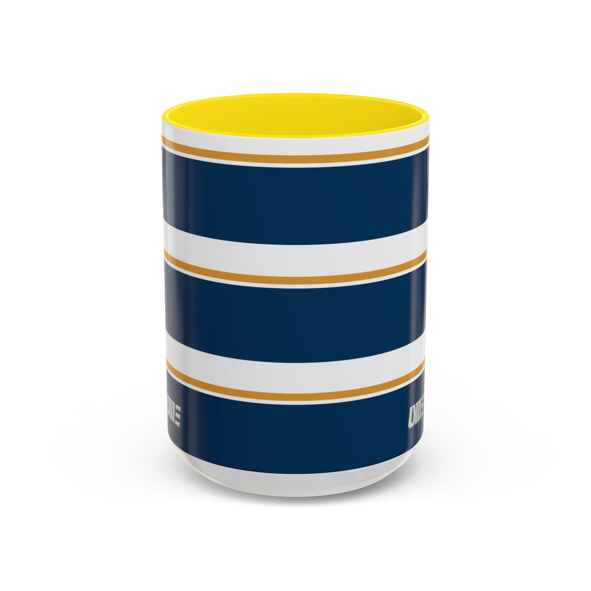 Navy and Gold Striped Accent Mug — White Ceramic