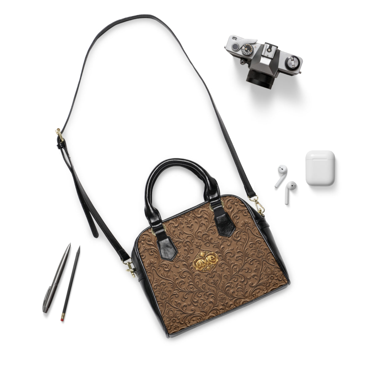 Brown UME Gold Crest Shoulder Handbag — Faux Leather Scroll Print