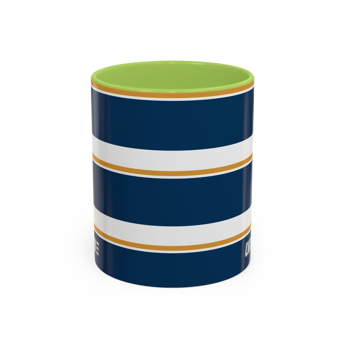 Navy and Gold Striped Accent Mug — White Ceramic