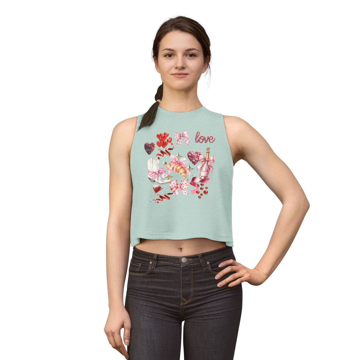 Valentine's Love Collage Crop Top — Women's Romantic Heart & Champagne Graphic