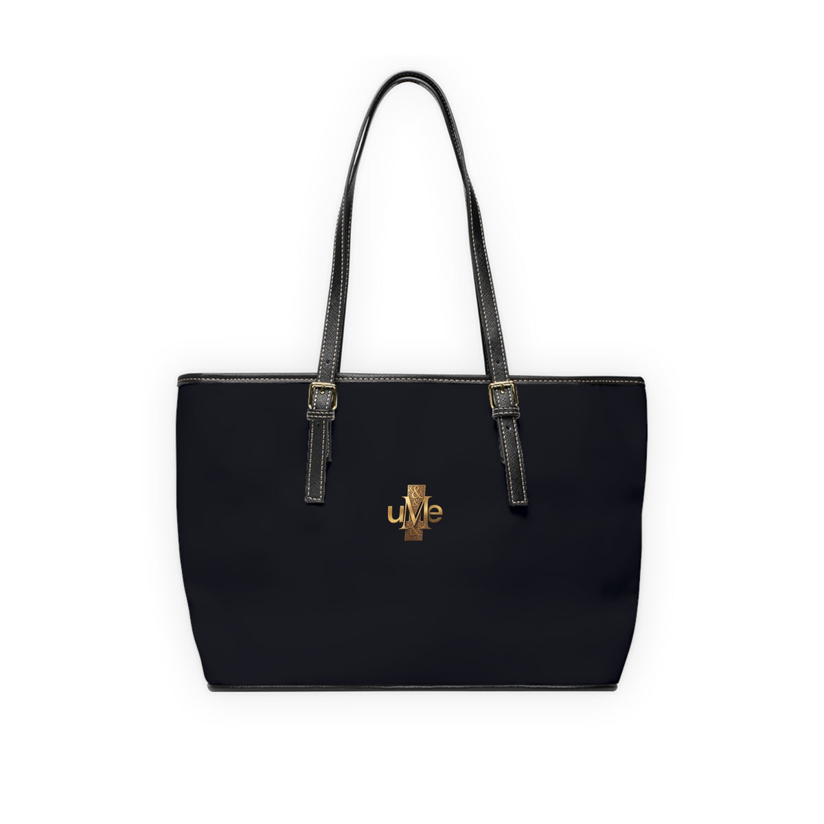 Black PU Leather Shoulder Bag with Gold Cross Logo — Elegant Tote for Everyday & Church