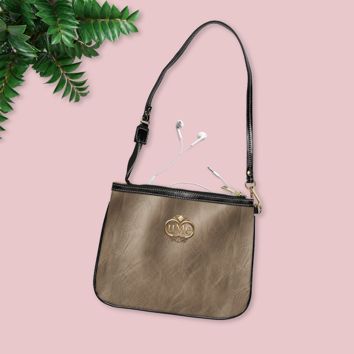 Taupe Small Shoulder Bag – Minimal PU Leather Purse with Gold uMe Logo