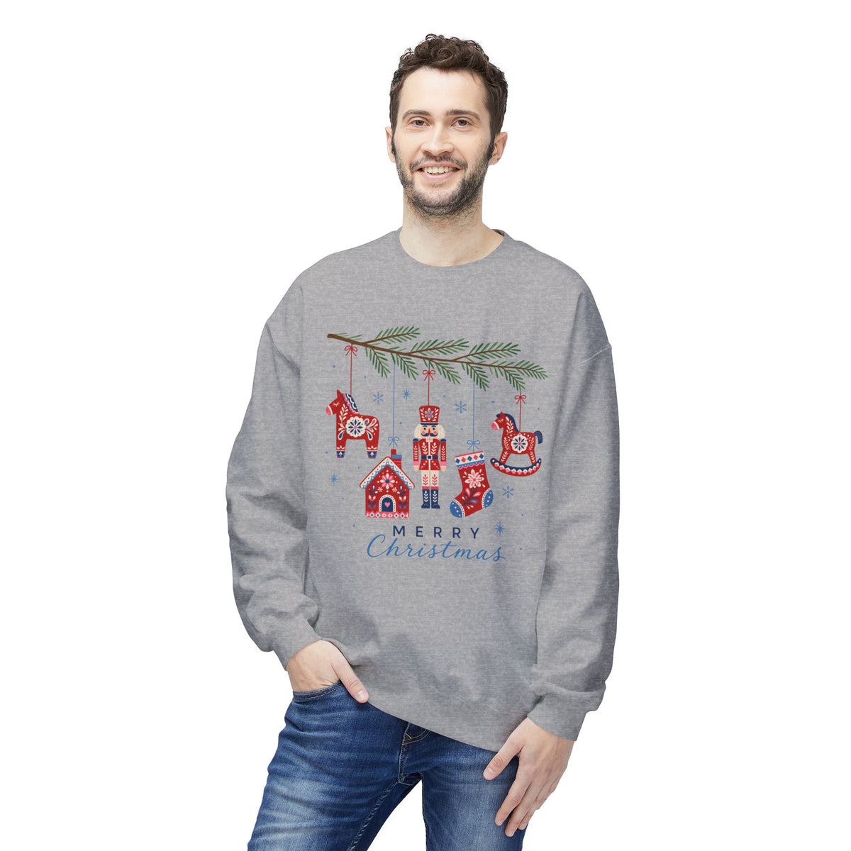 Merry Christmas Scandinavian Folk Art Crewneck Sweatshirt — White, Red & More