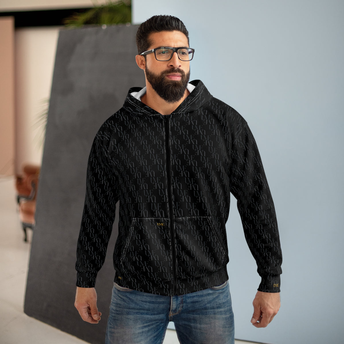 Black Textured Zip Hoodie — Black Monogram All-Over Print