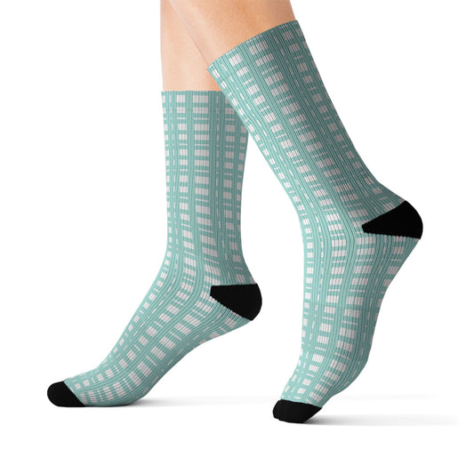 Aqua Plaid Sublimation Socks — Patterned Crew Socks