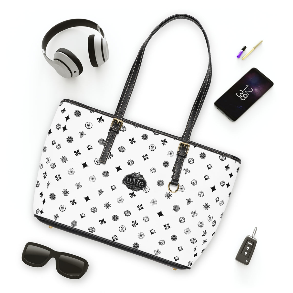 Monogrammed PU Leather Shoulder Bag — White Luxe Pattern Tote