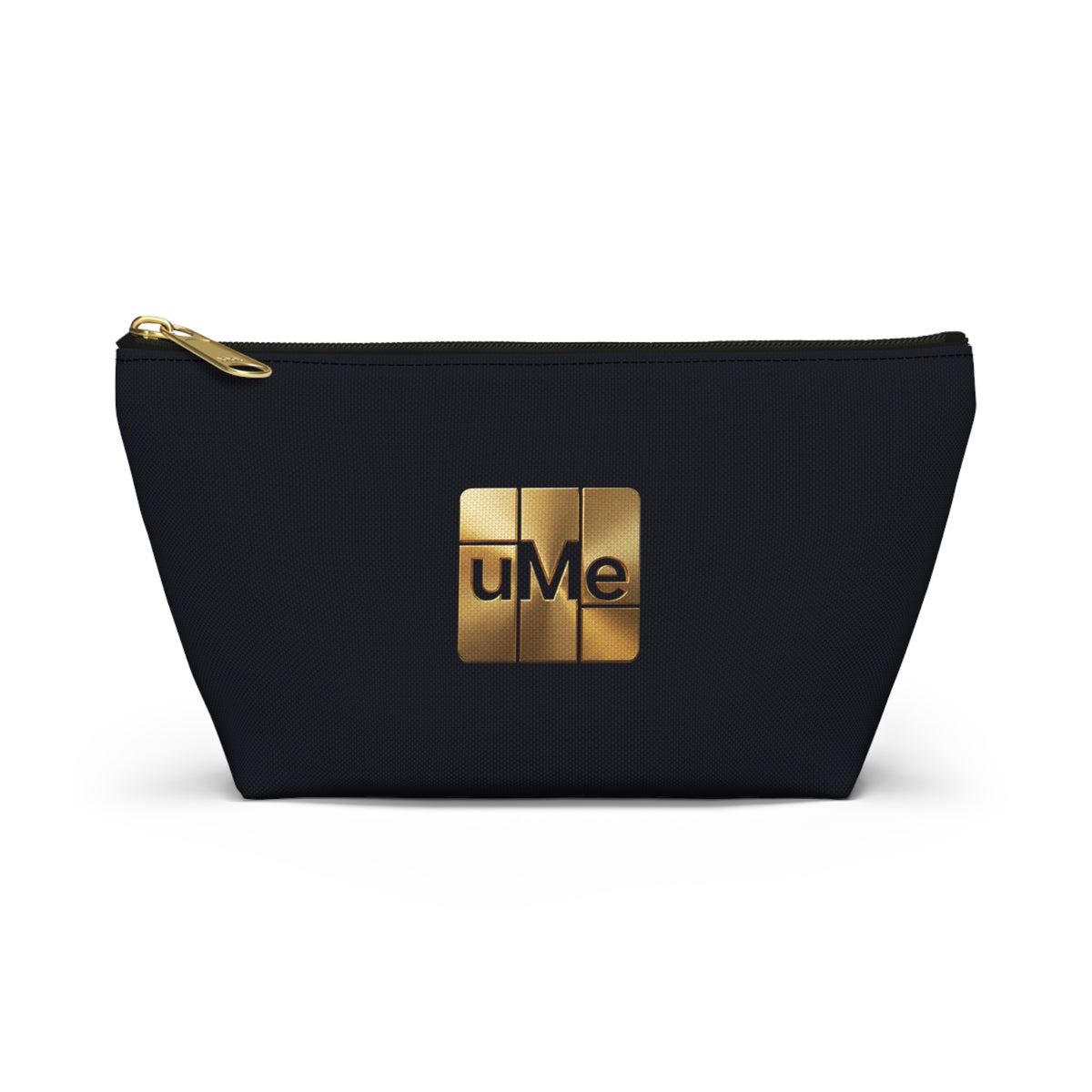 Gold uMe Logo Accessory Pouch — Black T‑Bottom Makeup & Travel Organizer