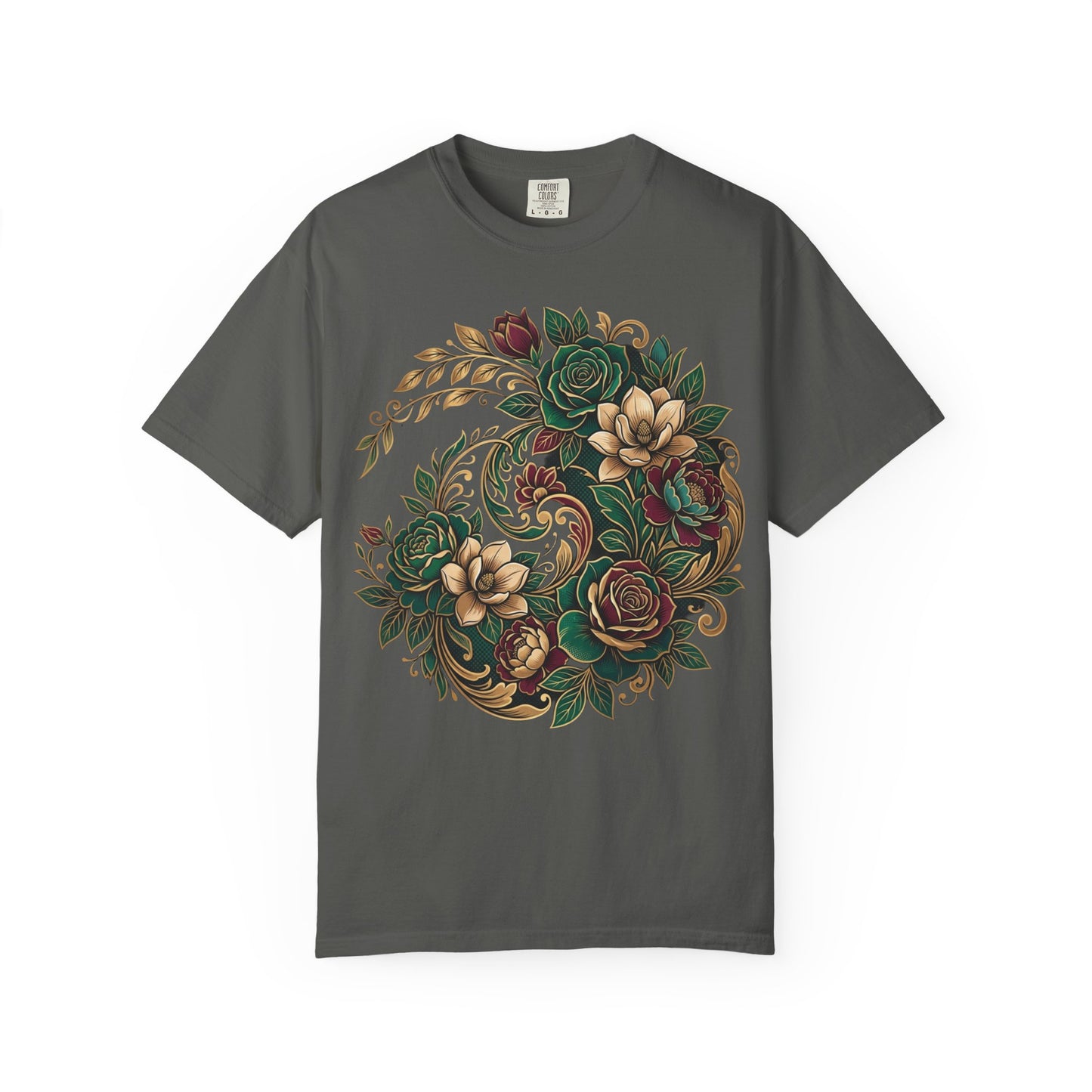 Floral Yin Yang T-Shirt — Vintage Green & Gold Rose Graphic Tee