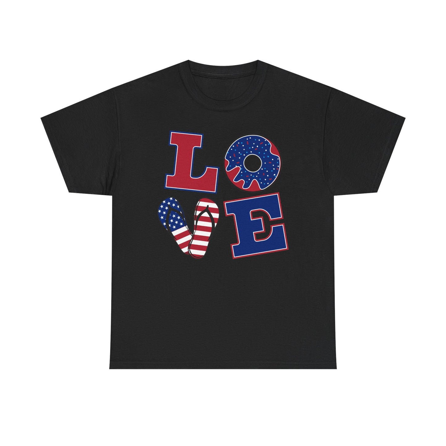 Patriotic "LOVE" Tee – American Flag Donut Heart 4th of July Shirt