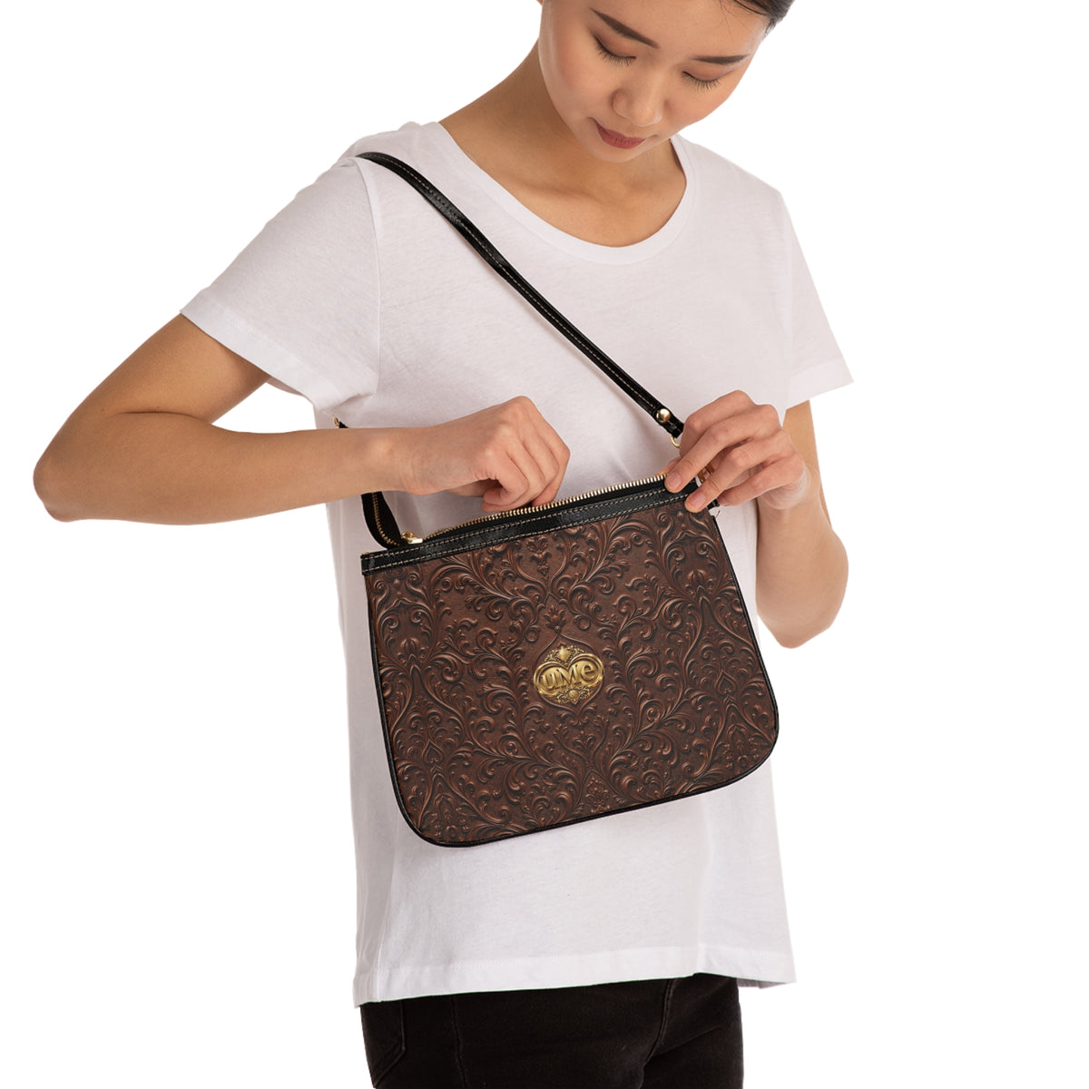 Brown UME Gold Crest Small Shoulder Bag — Scroll Print Faux Leather