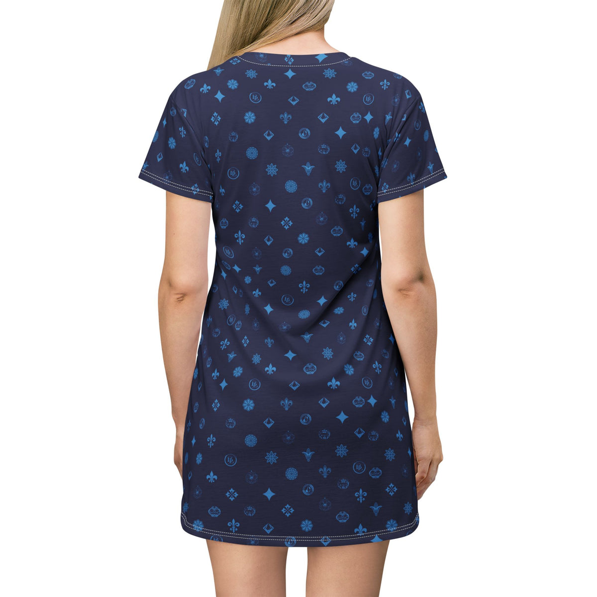 T-Shirt Dress — Navy Blue Ornamental Motif All-Over Print