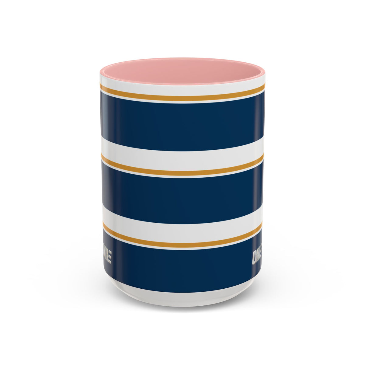 Navy and Gold Striped Accent Mug — White Ceramic