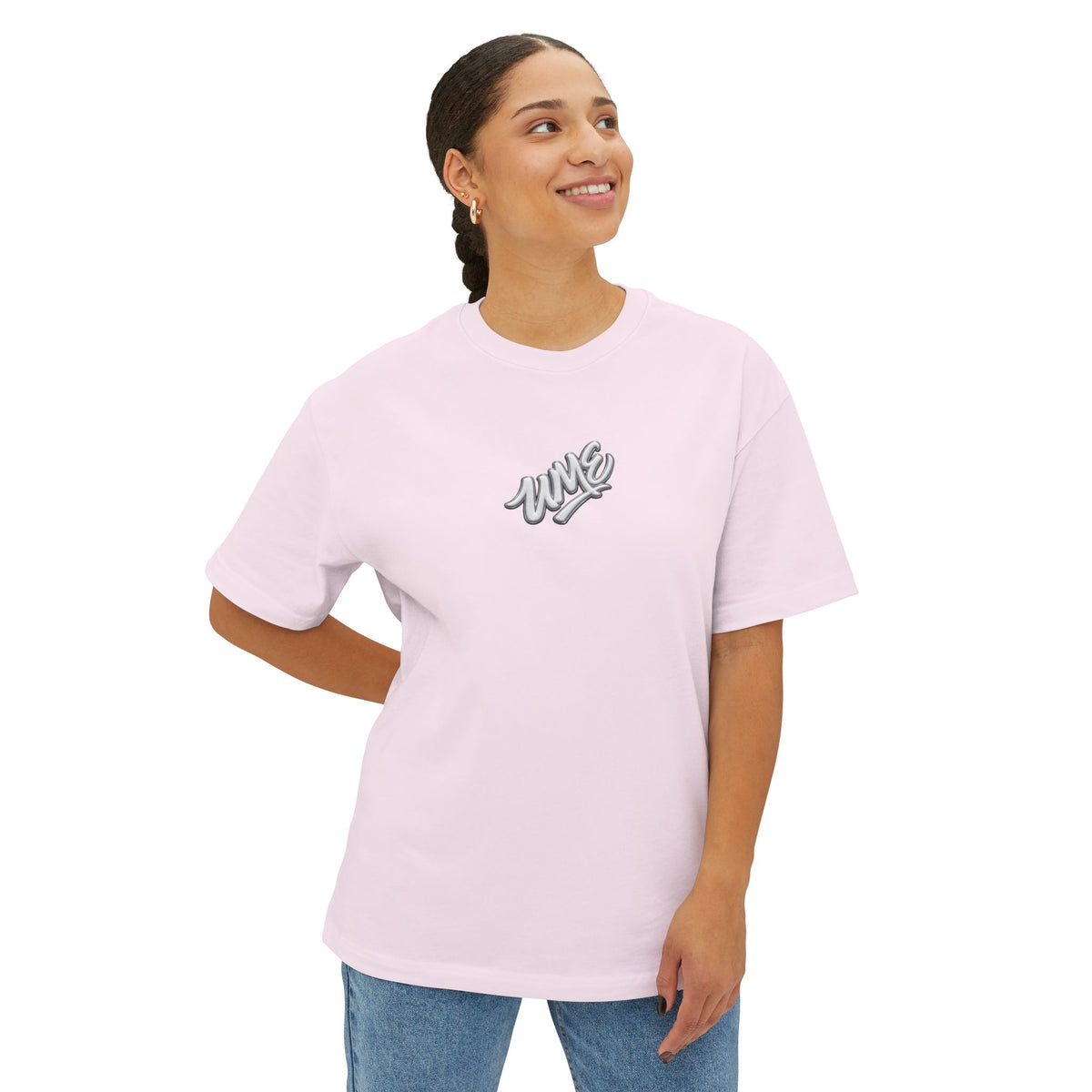 UME Script Logo Boxy Tee — White Oversized Graphic T-Shirt