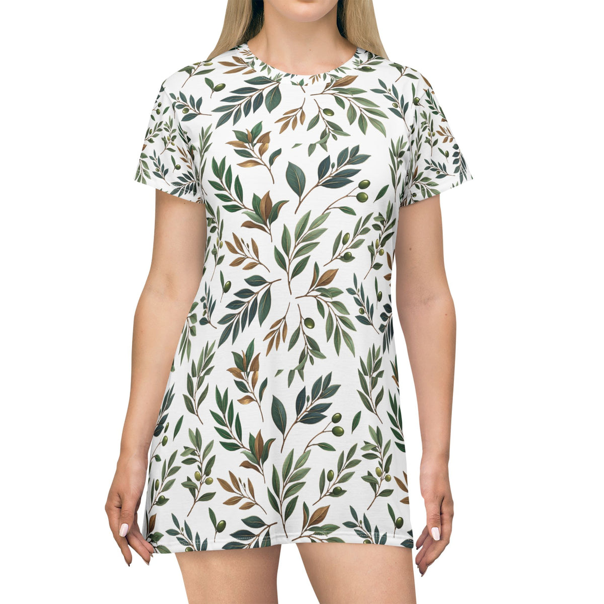 Botanical Leaf T-Shirt Dress — All-Over Print Floral Summer Dress