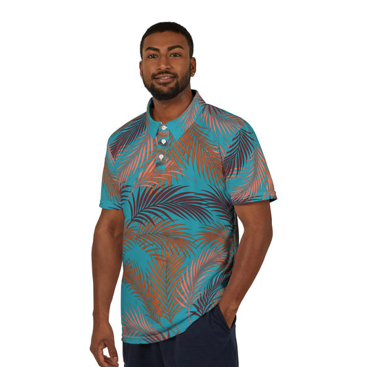 Tropical Palm-Leaf Polo Shirt — Teal & Sunset Botanical AOP