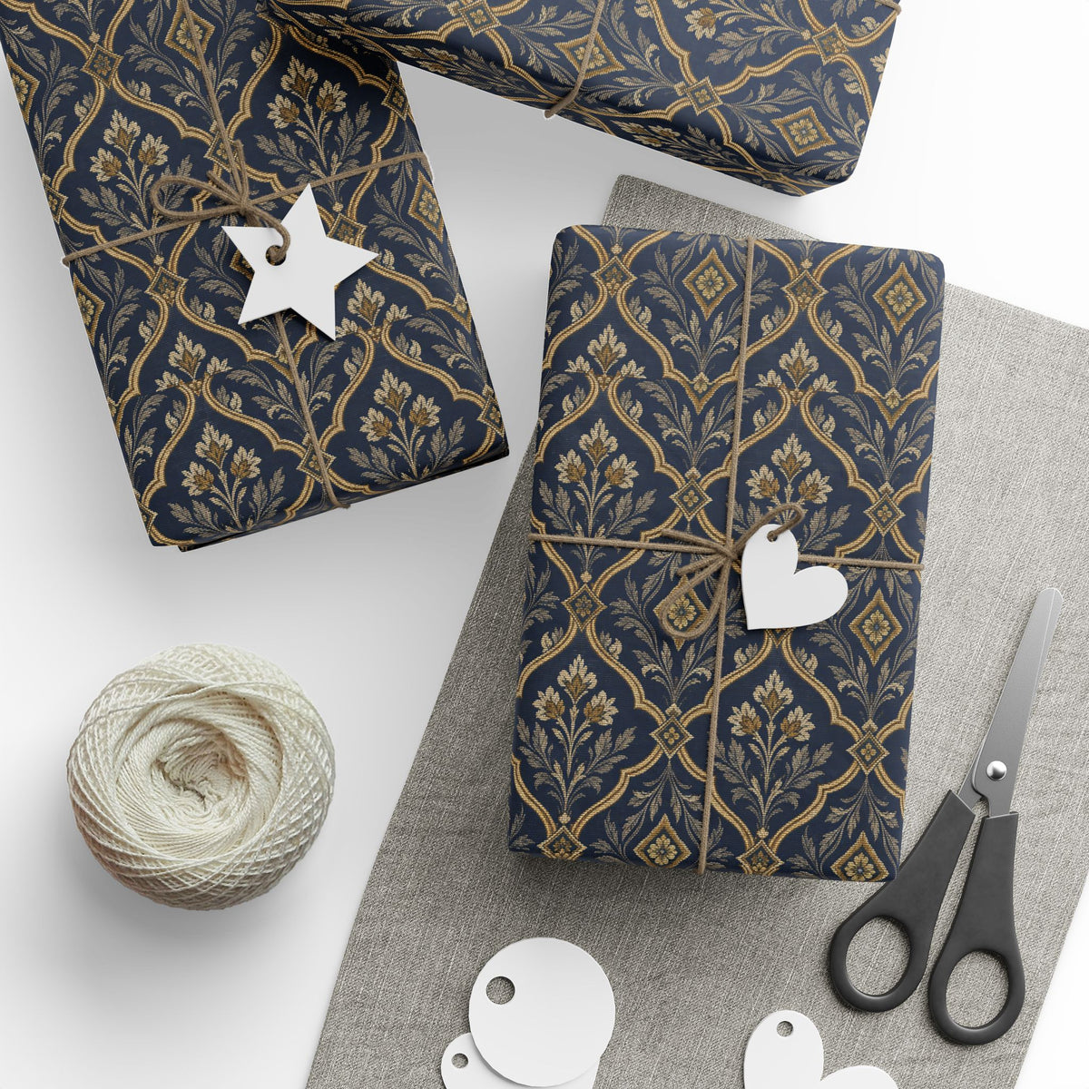Lux Navy & Gold Damask Wrapping Paper Roll — Elegant Gift Wrap for Weddings, Anniversaries & Holidays