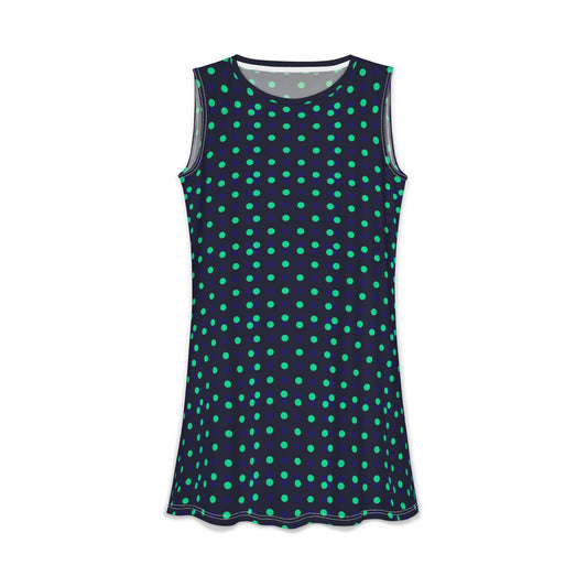 Navy & Emerald Polka Dot A-Line Dress — Sleeveless Casual Summer Dress