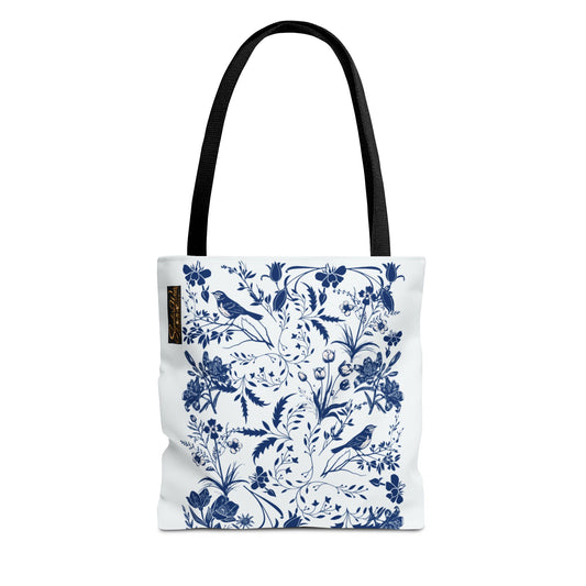 Blue Floral Pattern Tote Bag – Classic Botanical AOP Canvas Tote