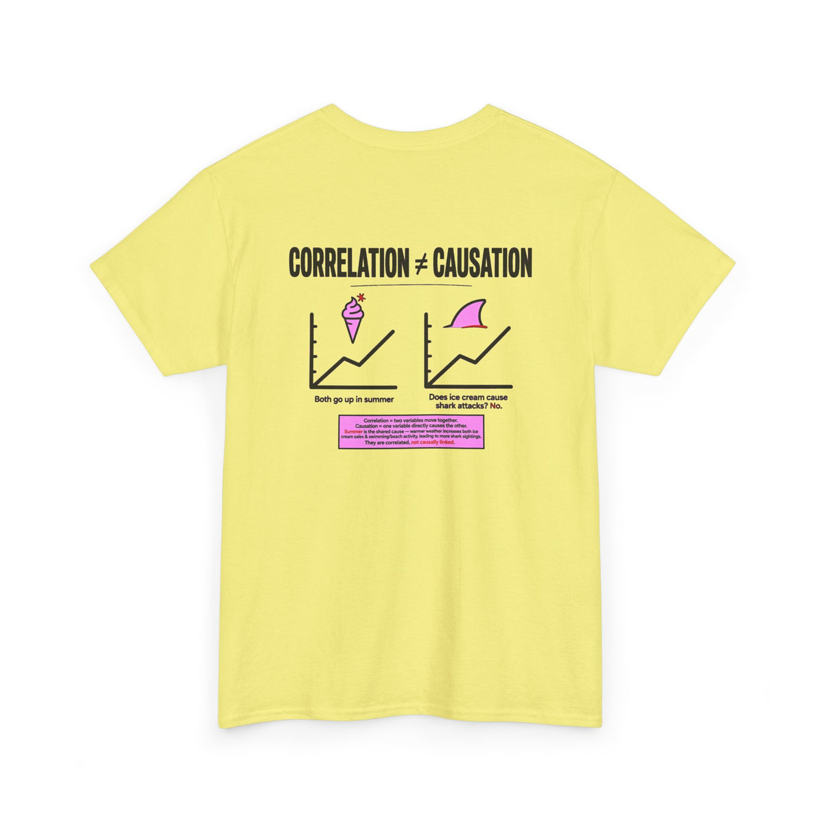 Correlation ≠ Causation Graphic Tee — White, Blue, Pink, Yellow & Neutral Bases