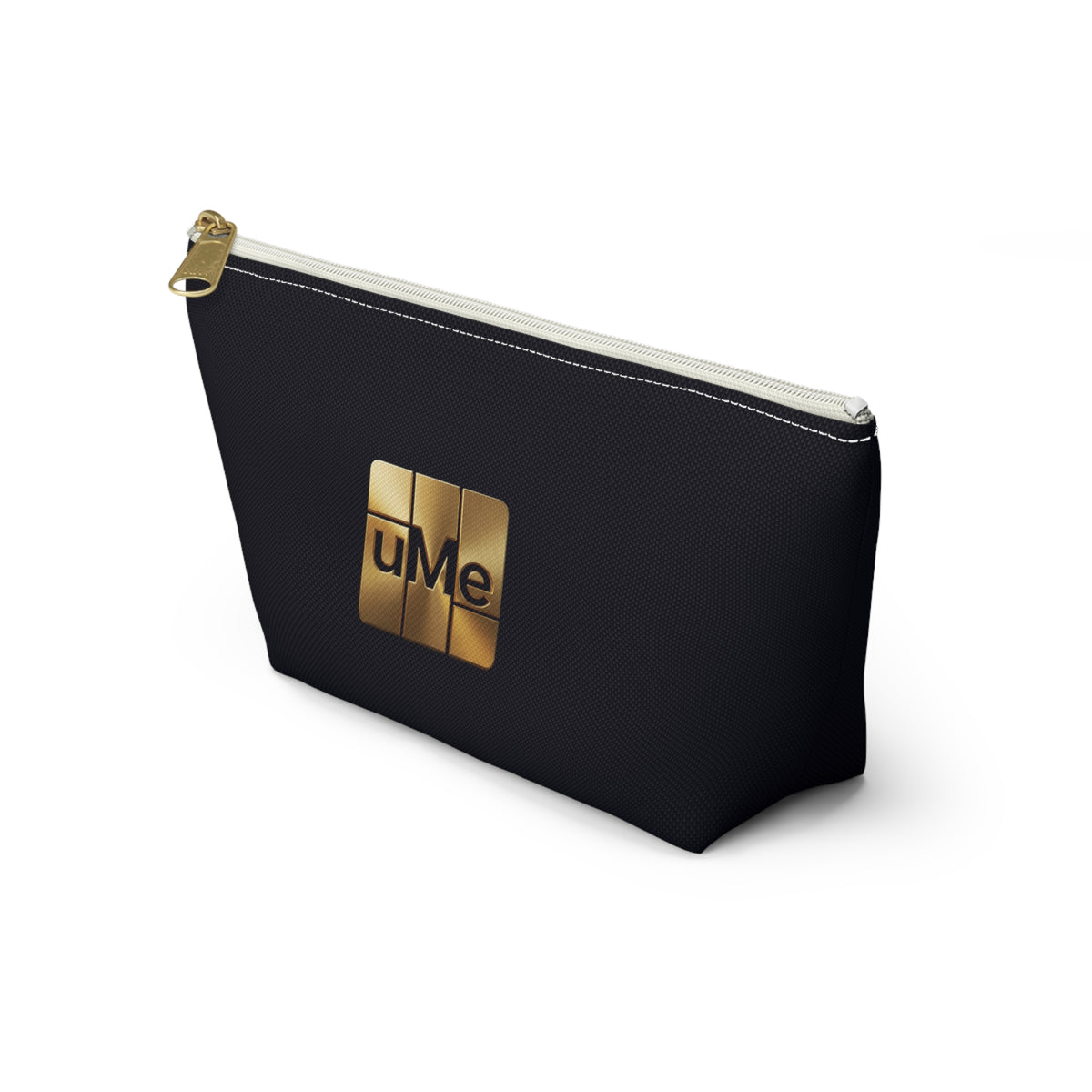 Gold uMe Logo Accessory Pouch — Black T‑Bottom Makeup & Travel Organizer