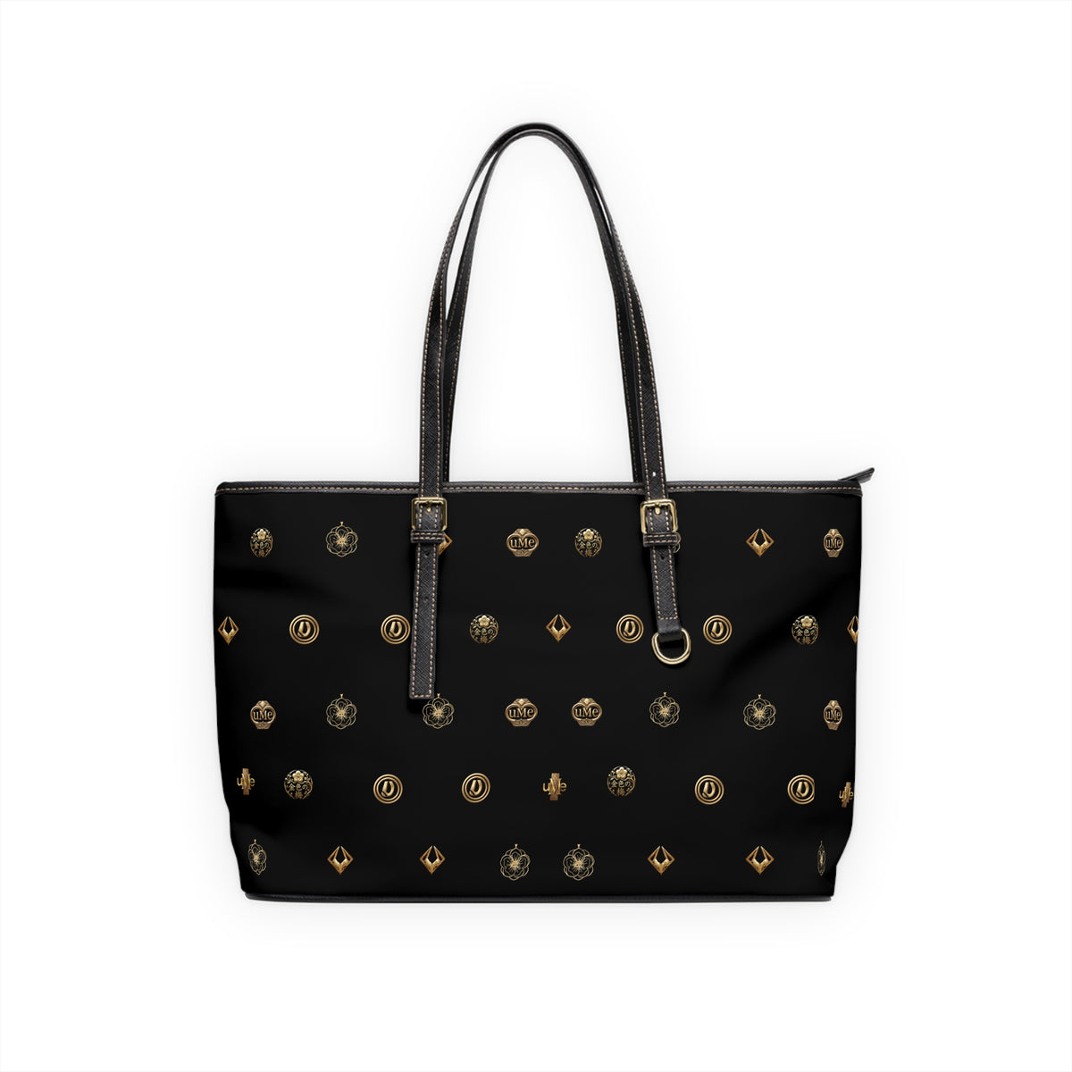 Black Monogram PU Leather Shoulder Bag — Gold Emblem Print Luxe Tote