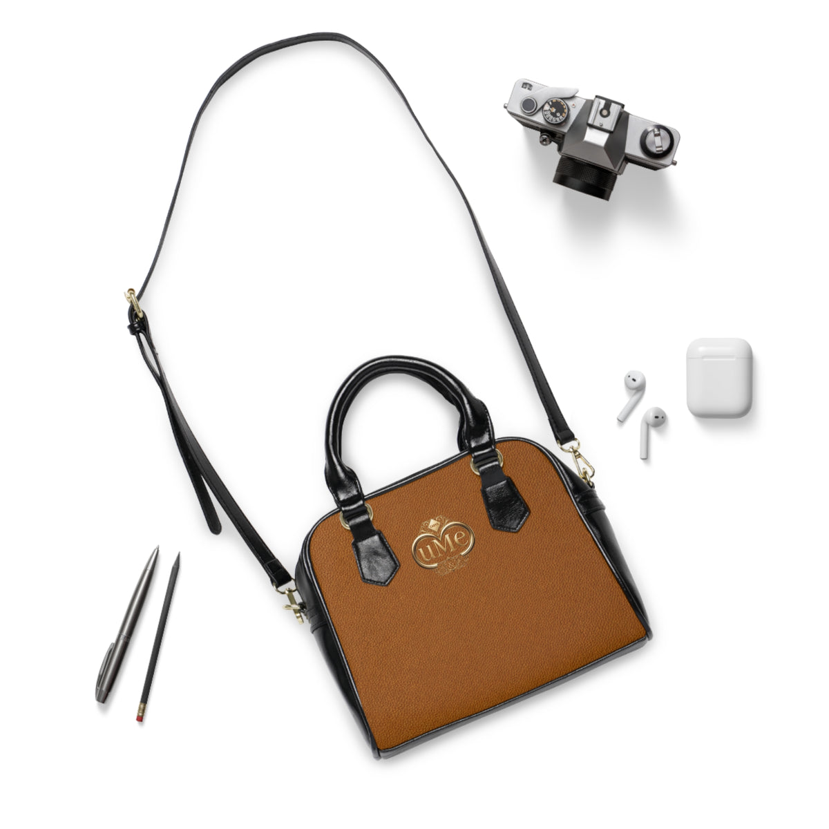 Brown Leatherette Shoulder Handbag with Gold Monogram Accent