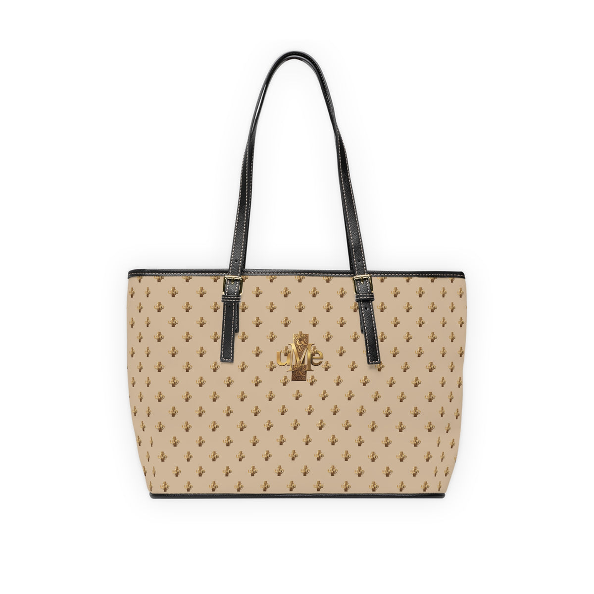Beige PU Leather Shoulder Tote — Gold uMe Cross Logo Handbag