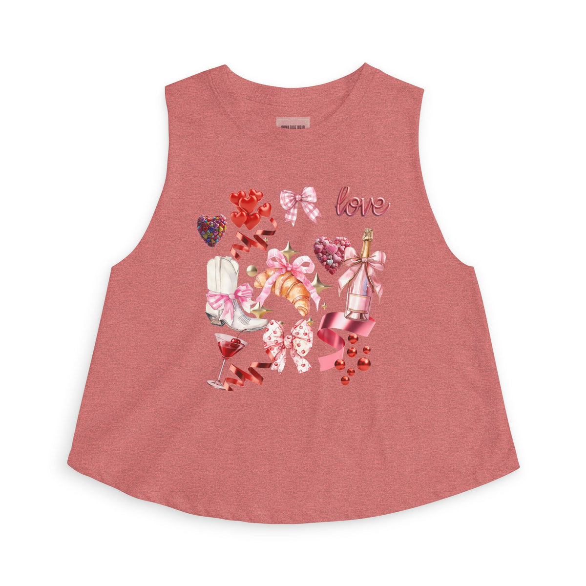 Valentine's Love Collage Crop Top — Women's Romantic Heart & Champagne Graphic