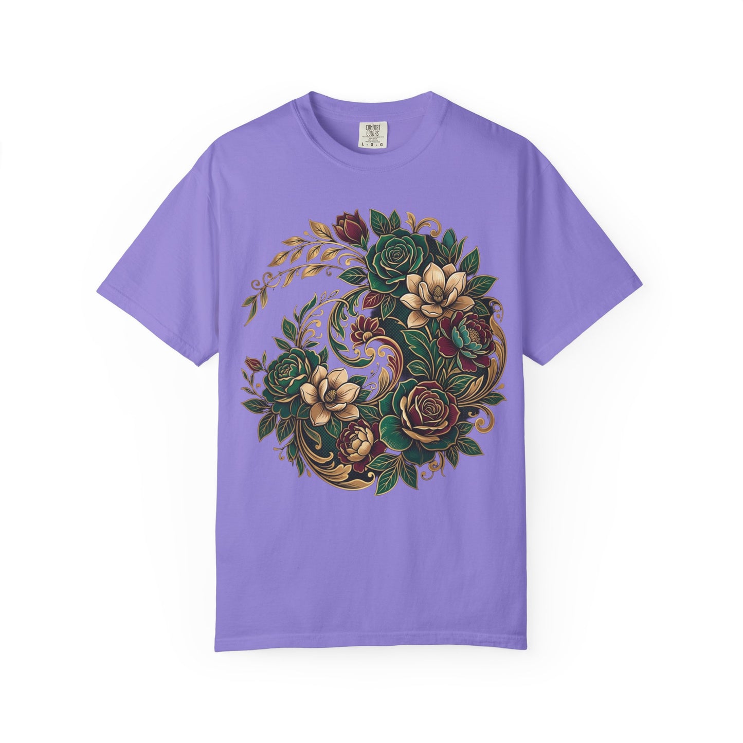 Floral Yin Yang T-Shirt — Vintage Green & Gold Rose Graphic Tee