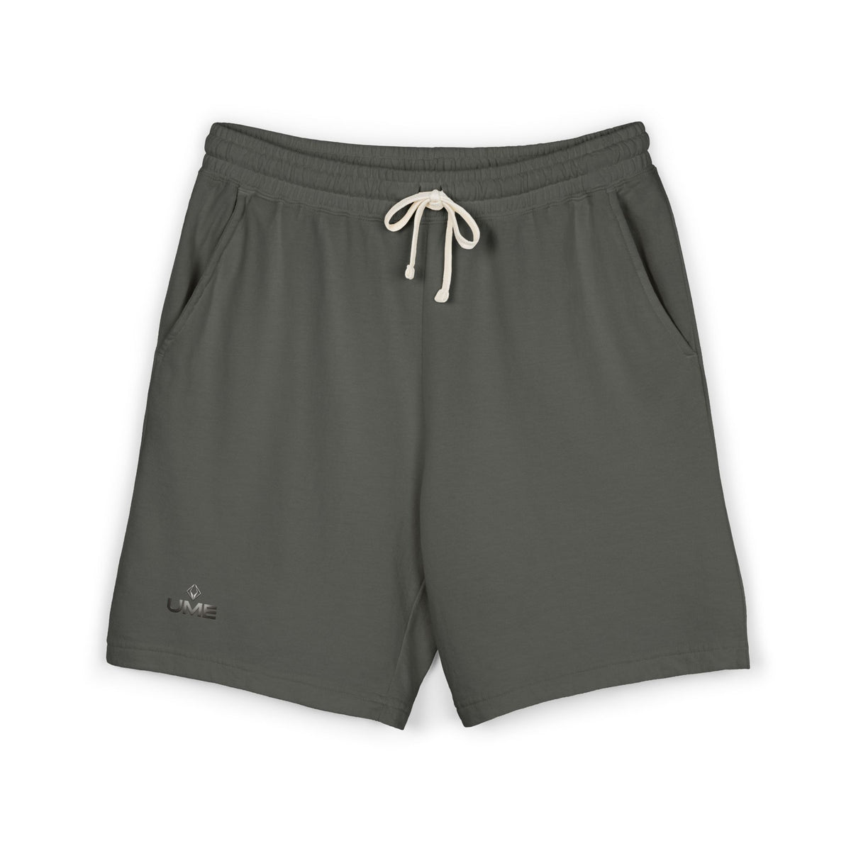 Fleece Sweat Shorts — Garment-Dyed UME Dark Grey Logo All-Over Print