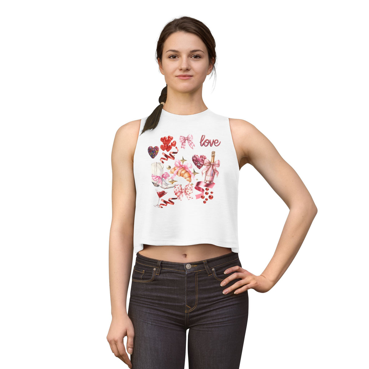 Valentine's Love Collage Crop Top — Women's Romantic Heart & Champagne Graphic