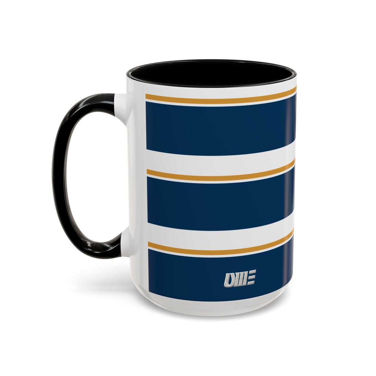 Navy and Gold Striped Accent Mug — White Ceramic