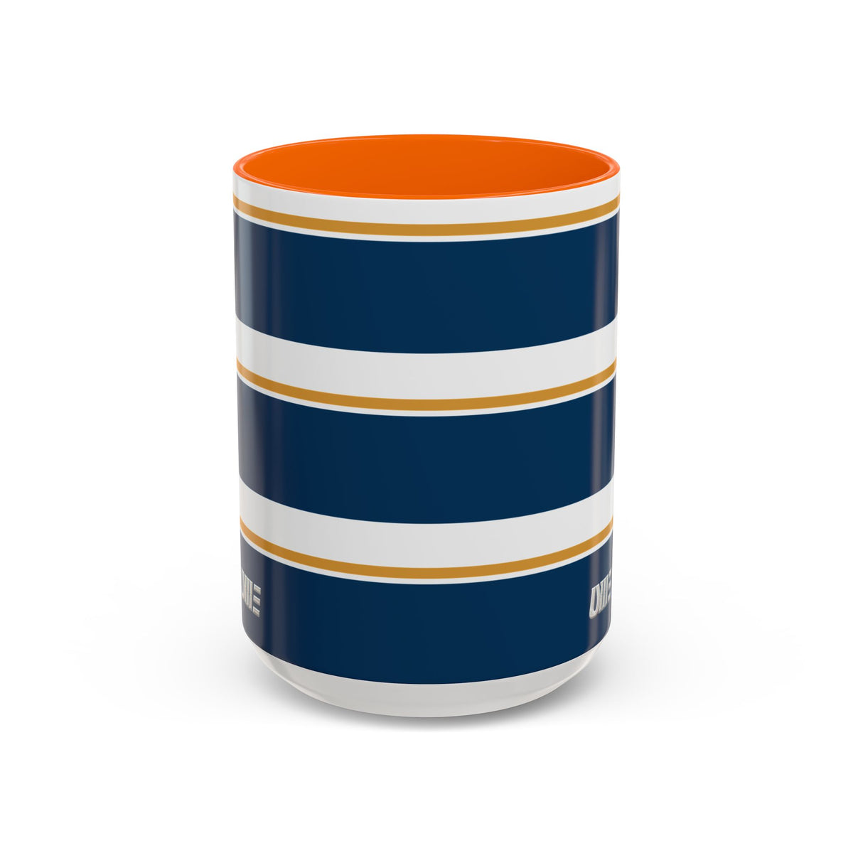 Navy and Gold Striped Accent Mug — White Ceramic