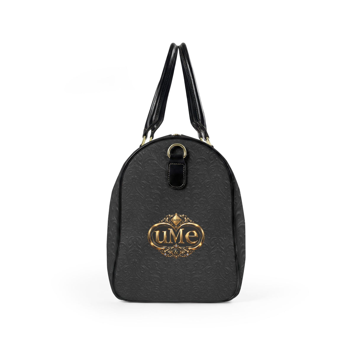 Black Faux Leather Duffle Bag — Gold 'uMe' Crest Weekender