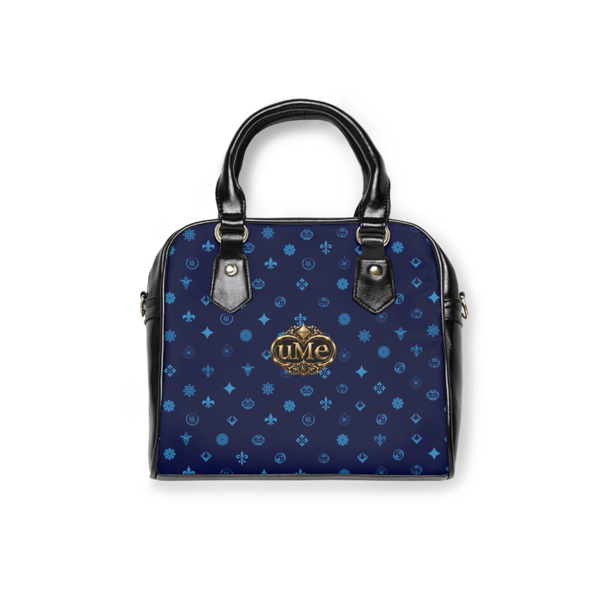 UME Monogram Pattern Shoulder Handbag — Navy All-Over Print with Gold Crest