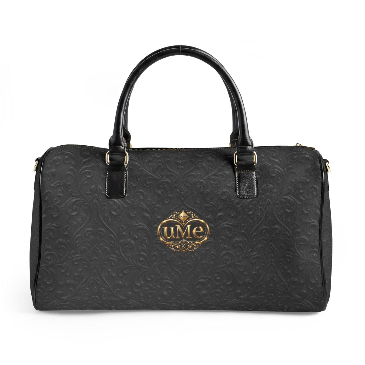 Black Faux Leather Duffle Bag — Gold 'uMe' Crest Weekender