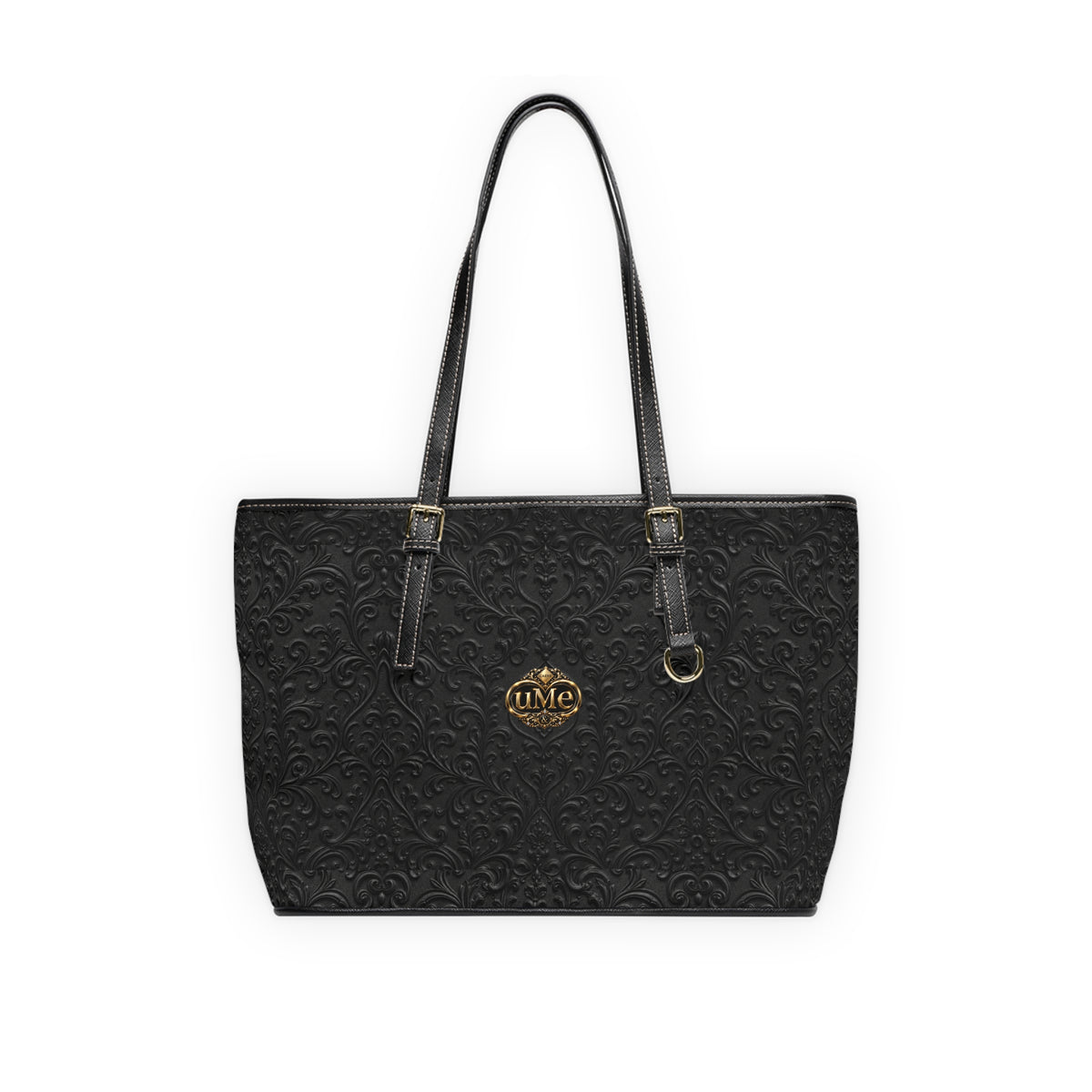 Black UME Gold Crest Shoulder Tote — PU Faux Leather Scroll Print