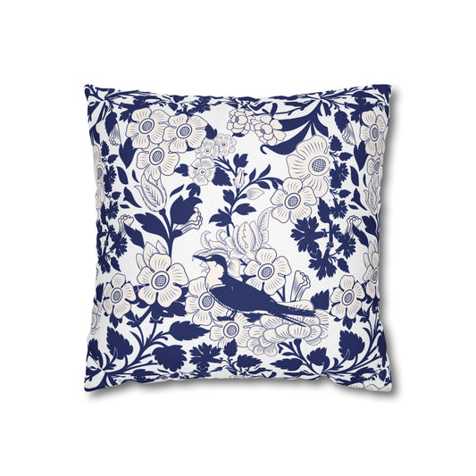 Navy Blue Chinoiserie Floral Bird Pillowcase – Botanical Square Pillow Cover