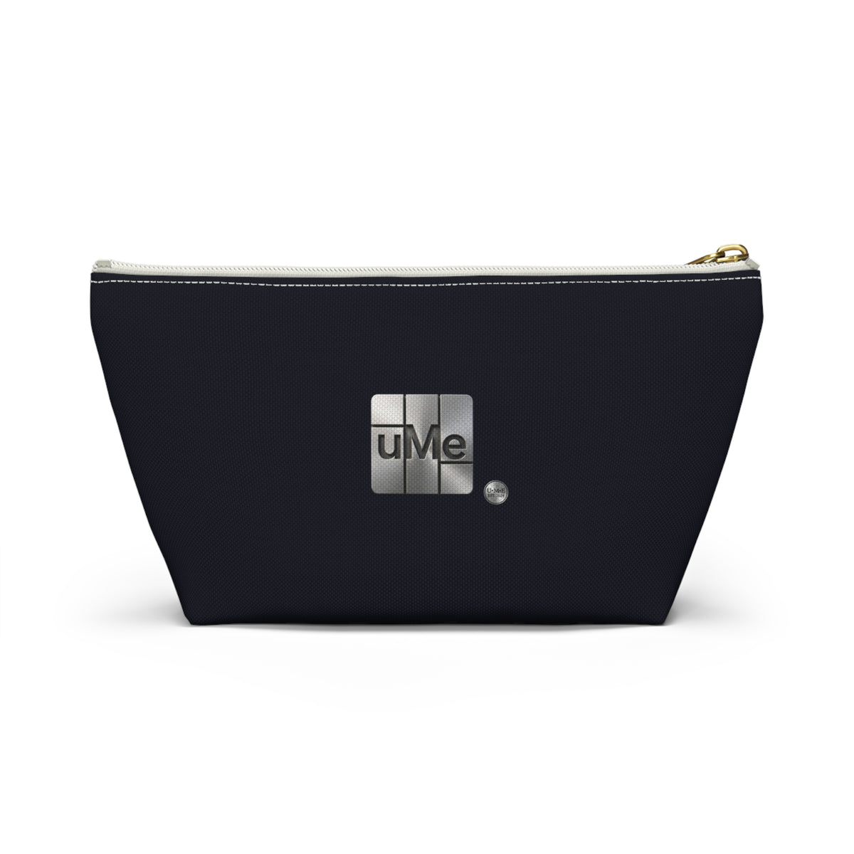 Accessory Pouch — Sleek Black T‑Bottom Cosmetic & Tech Organizer with Metallic 'uMe' Logo