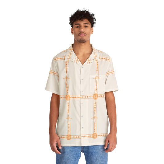 Men's Guayabera Shirt — White & Peach Plaid Cuban Camisa