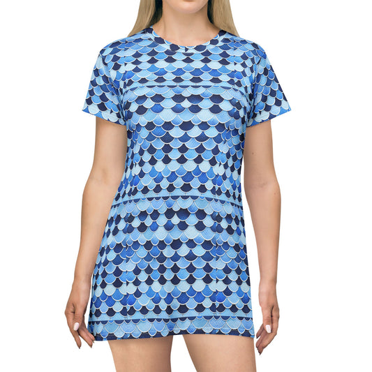 Watercolor Mermaid Scale T-Shirt Dress — Blue All-Over Print