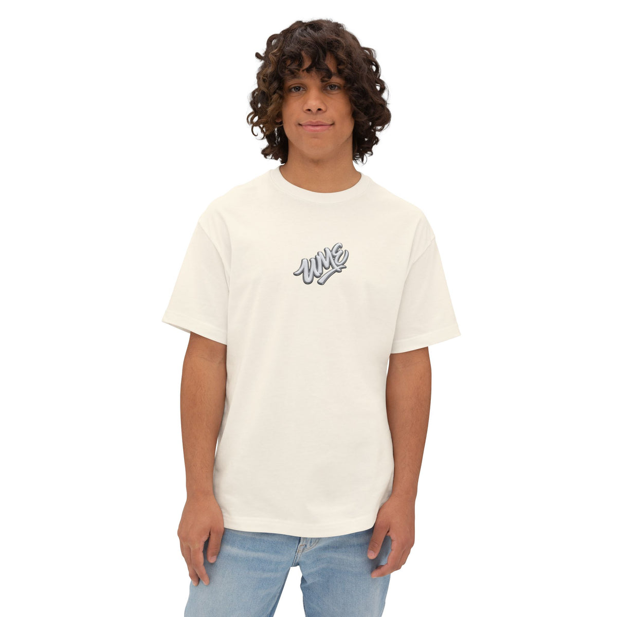 UME Script Logo Boxy Tee — White Oversized Graphic T-Shirt